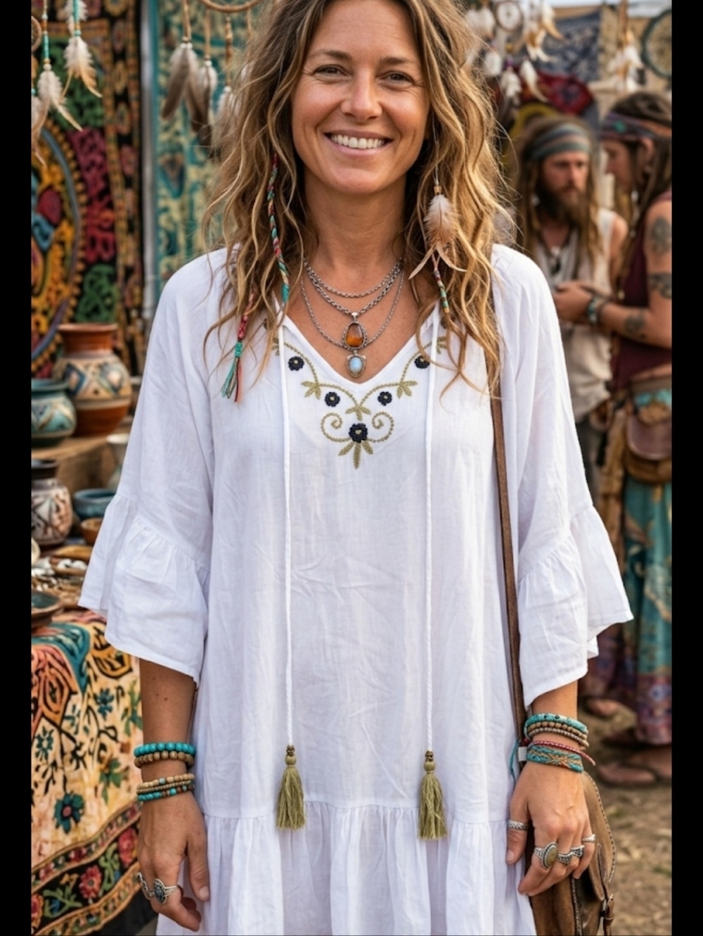 White Ruffled Boho Tunic Top Or Mini Dress One Sz Bali Queen